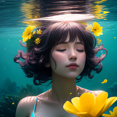 Girl underwater with yellow flowers closeup