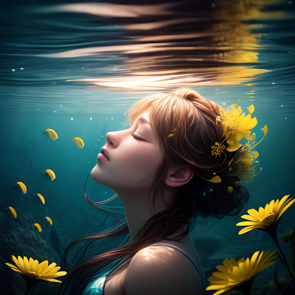 Girl underwater with yellow flowers 2