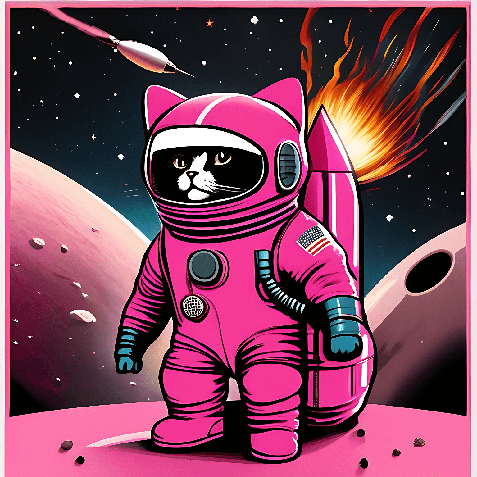 Digital art of a pink cat in a spacesuit cartoon