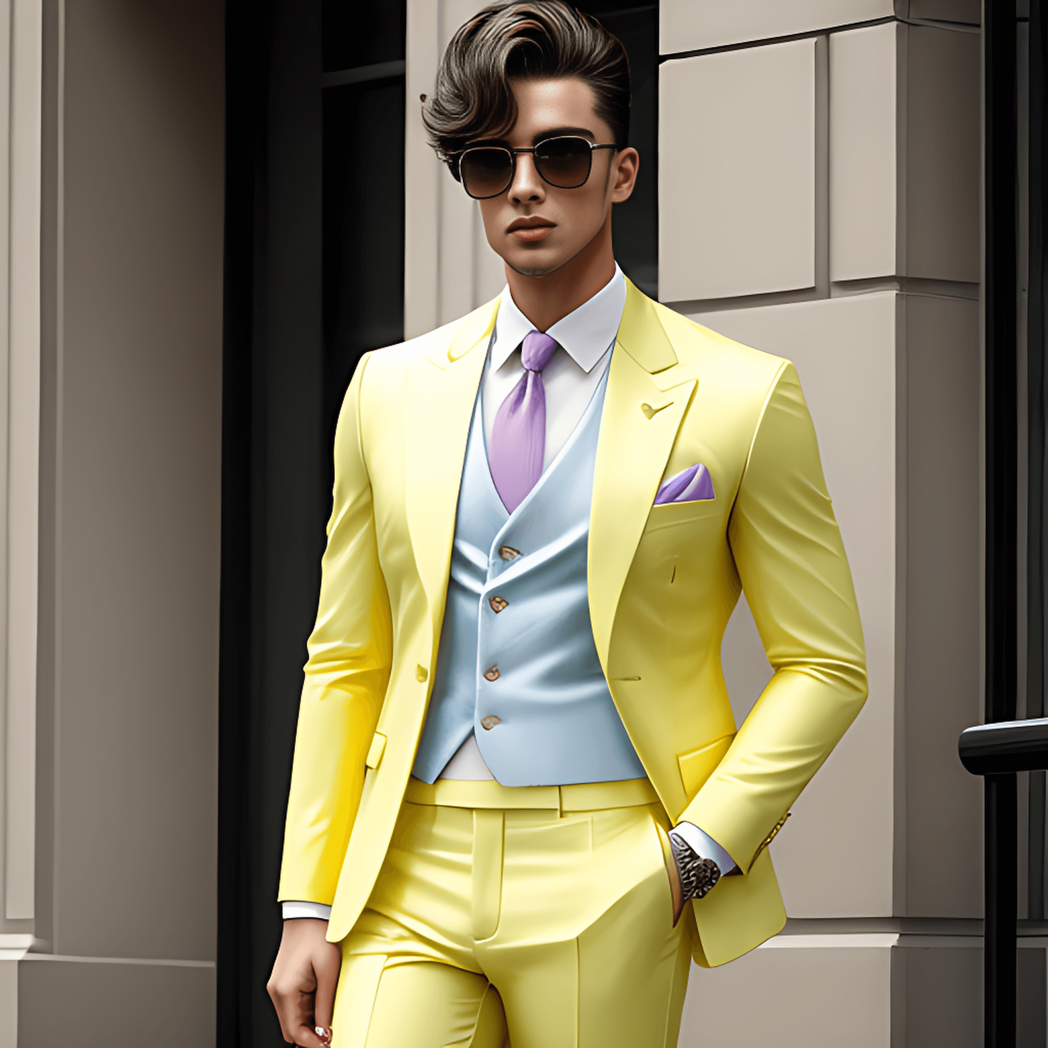 realistic image of a man wearing a yellow suit