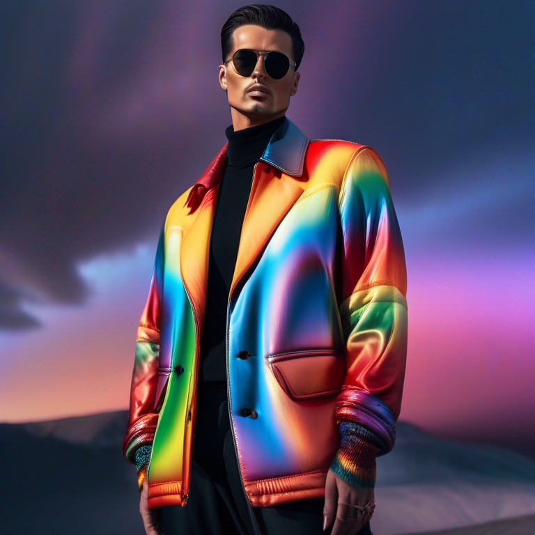 man in rainbow jacket with perfect skies