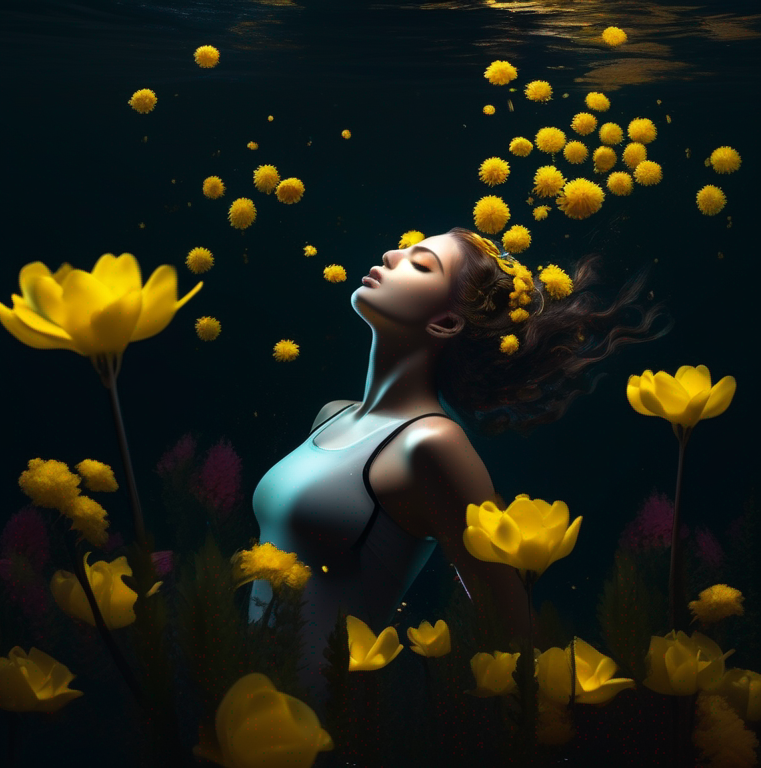 Girl underwater with yellow flowers 3